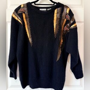 Vintage 90s Silk/Angora Blend Animal Print Trim Sweater 2X